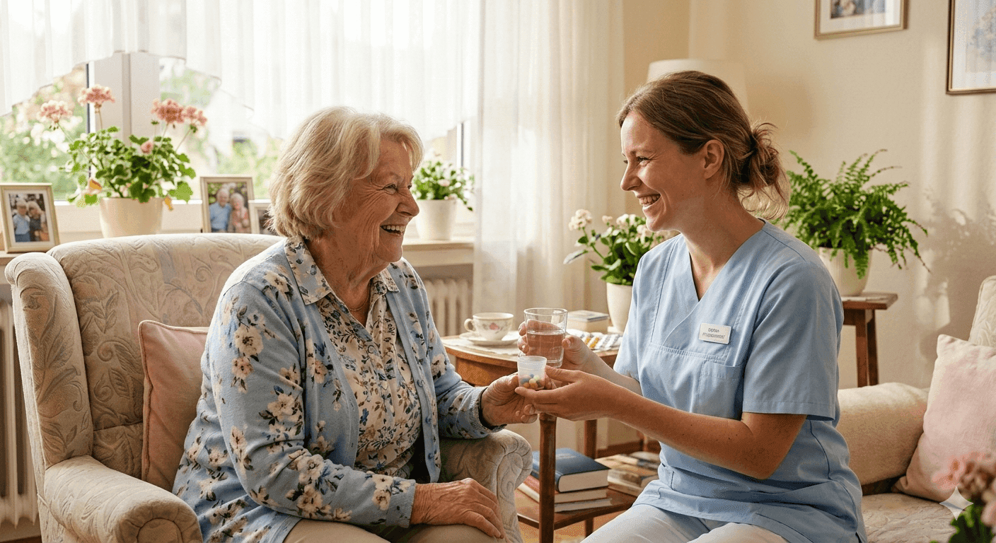 Pflegekraft mit Seniorin