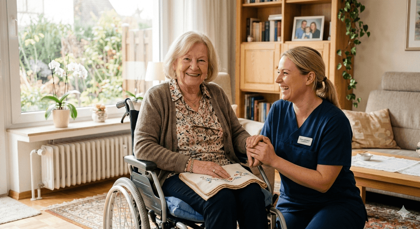 Pflegekraft kümmert sich um Seniorin