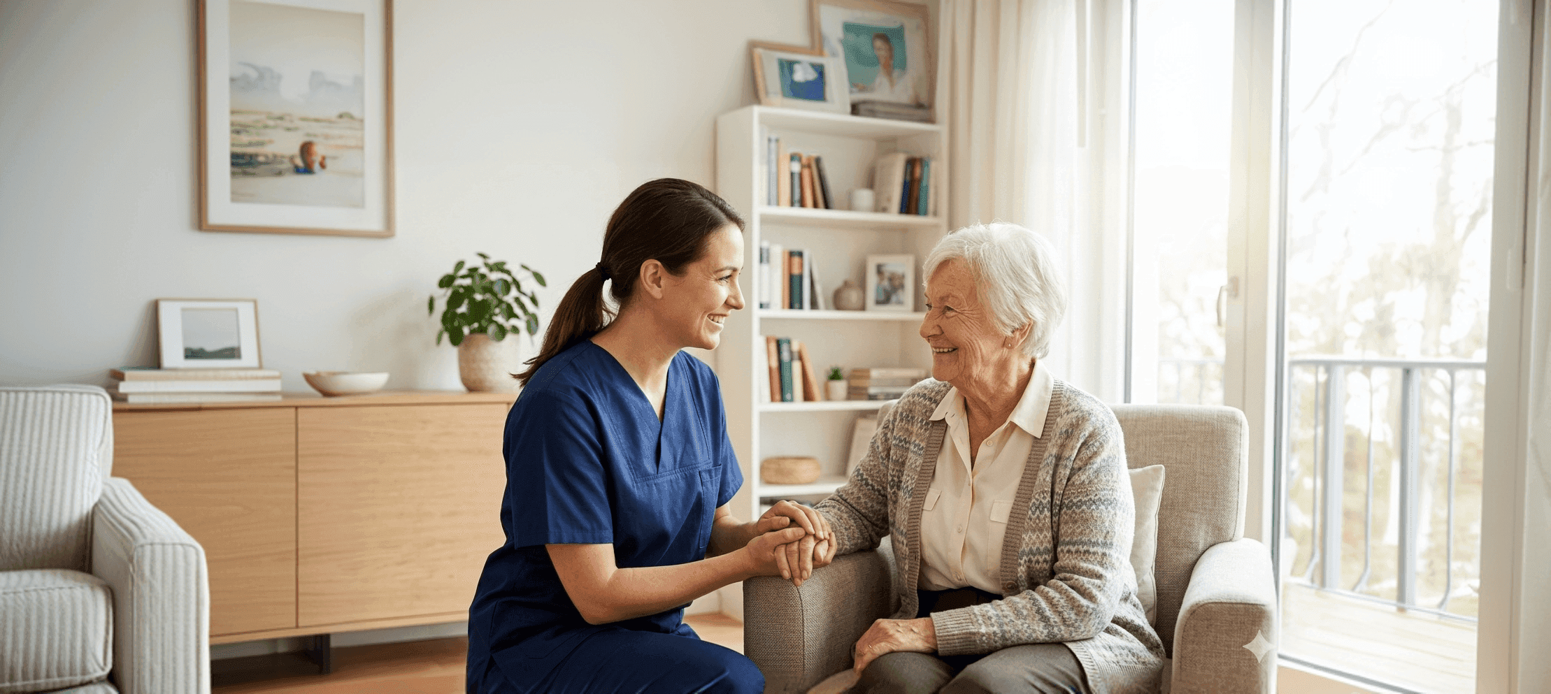 Pflegekraft und Seniorin